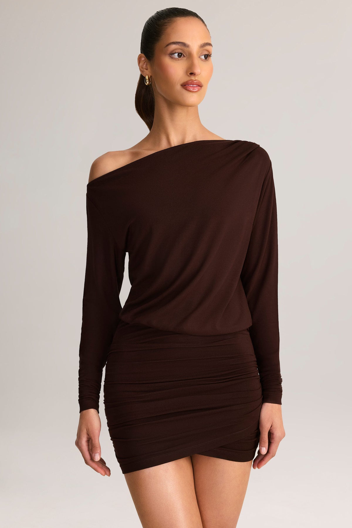 Modal Off-Shoulder Wrap Mini Dress in Chocolate Brown