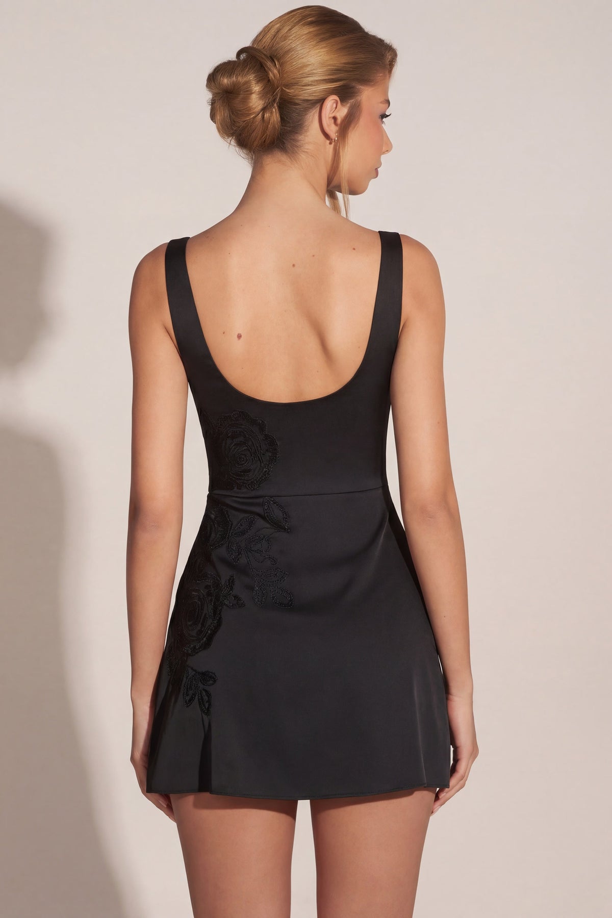 Embellished Scoop-Neck Fitted Mini Dress in Black