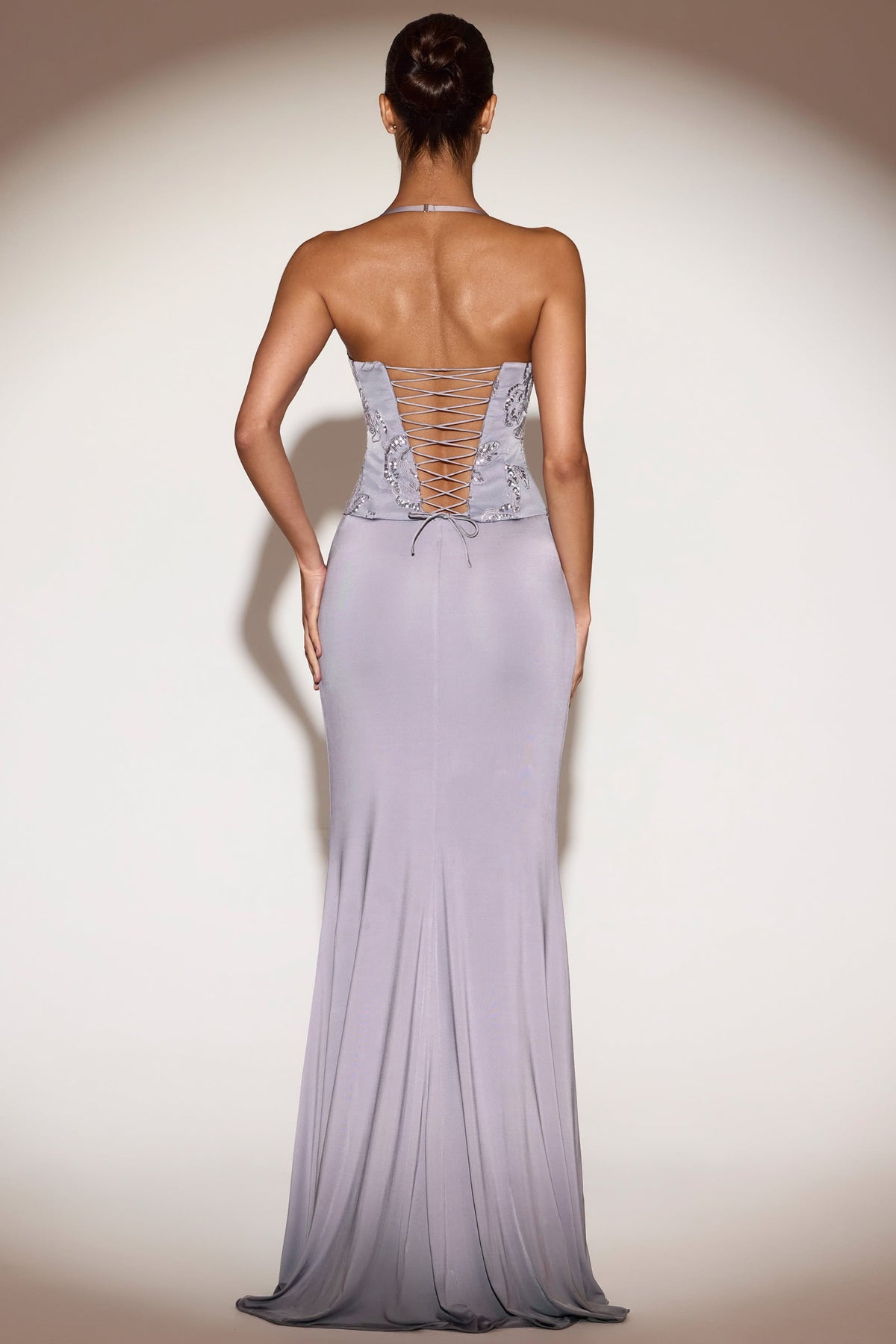 Embellished Cowl-Neck Ruffled Gown Dress in Lilac