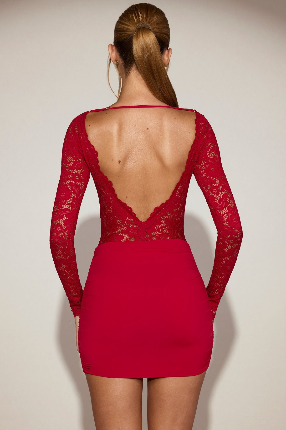 Sheer Lace Boat-Neck Mini Dress in True Red