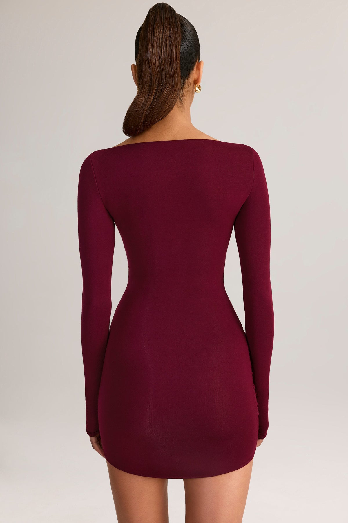 Modal Boat-Neck Draped Long-Sleeve Mini Dress in Wine