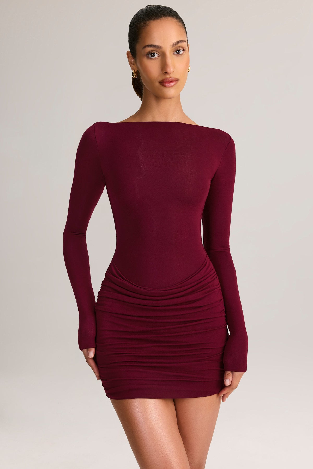 Modal Boat-Neck Draped Long-Sleeve Mini Dress in Wine
