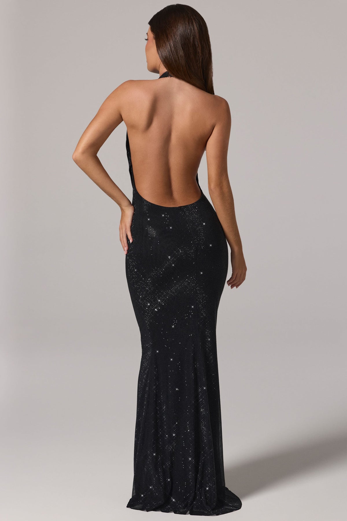 Embellished Cowl-Neck Backless Gown in Black