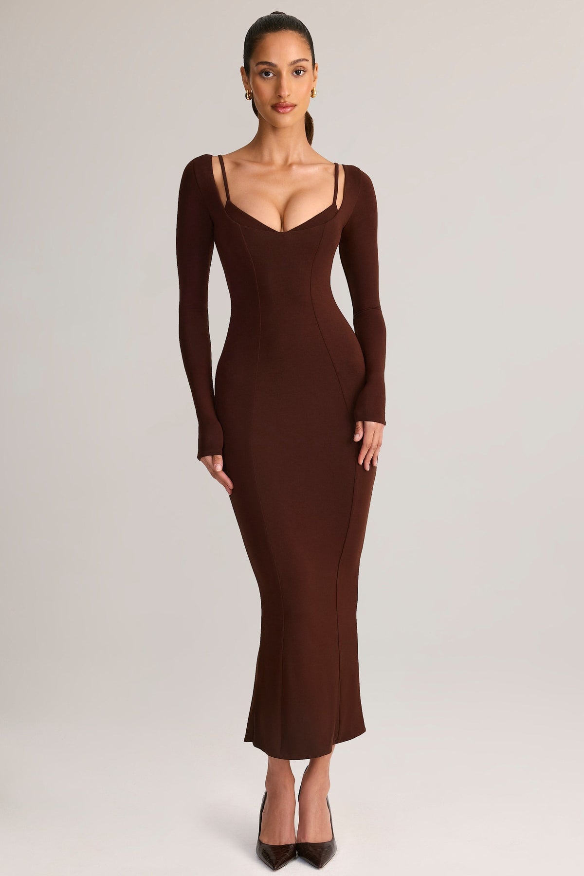 Modal Peekaboo Long-Sleeve Midi Dress in Chocolate Brown