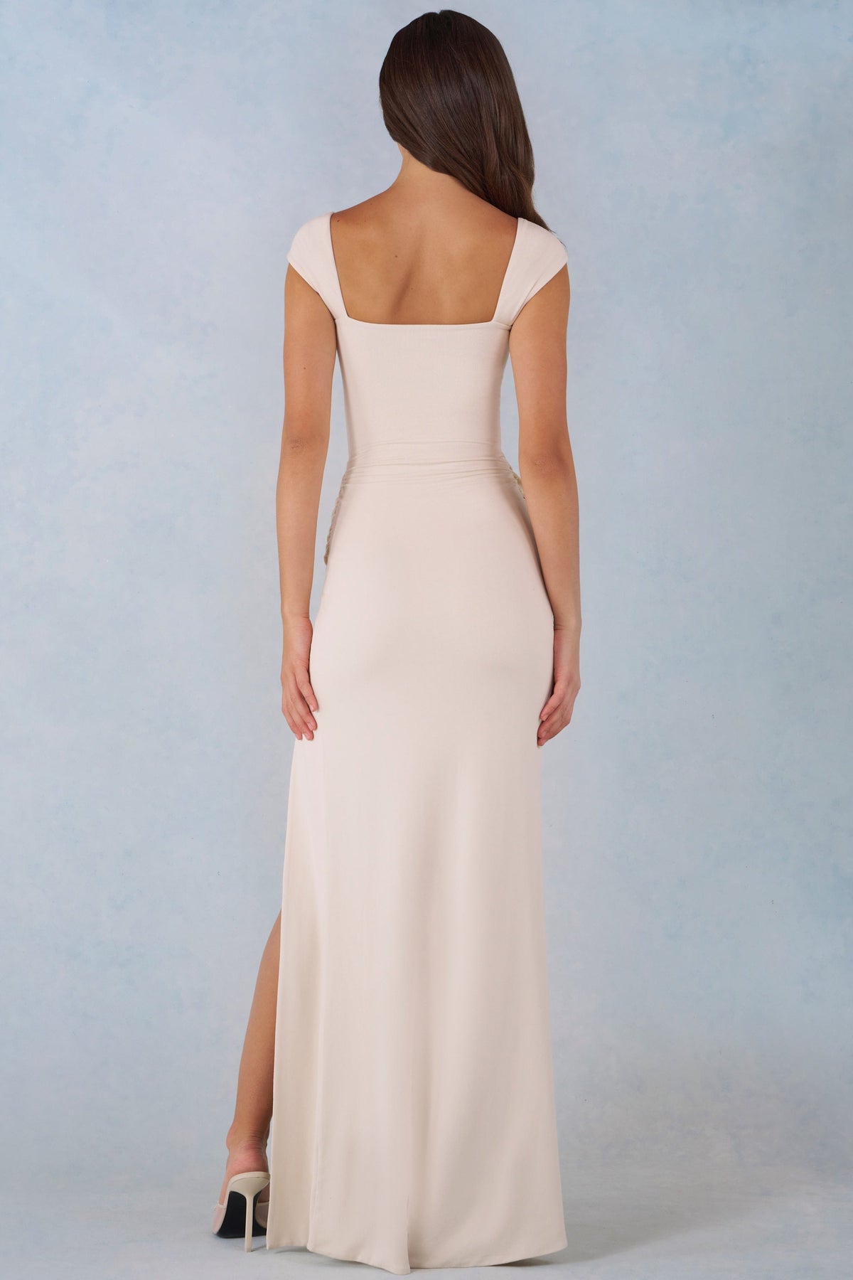Modal Sweetheart-Neck Cowl-Waist Maxi Dress in Ivory