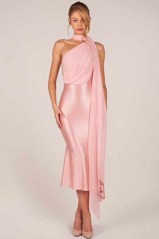 Scarf-Detail Midaxi Dress in Blush Pink