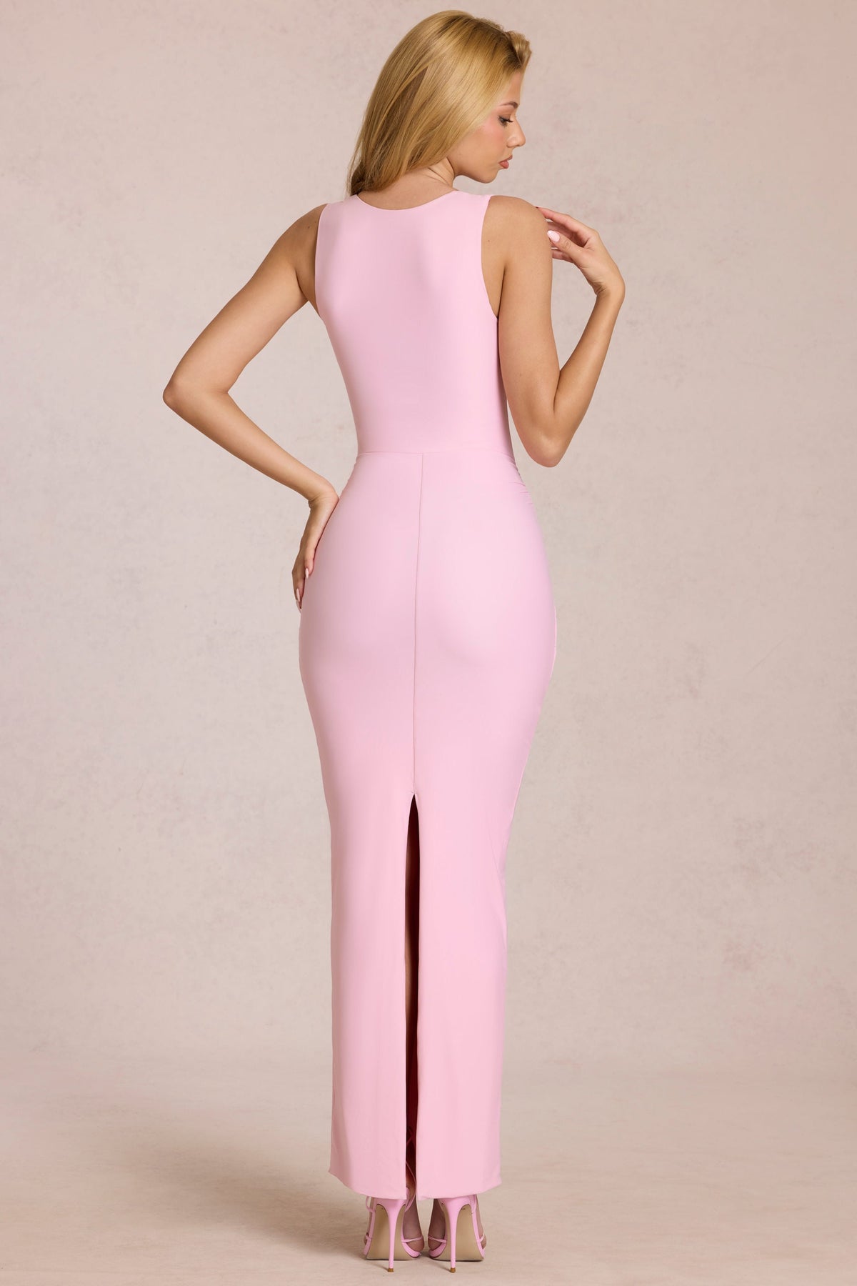 Square-Neck Tie-Gather Maxi Dress in Blossom Pink