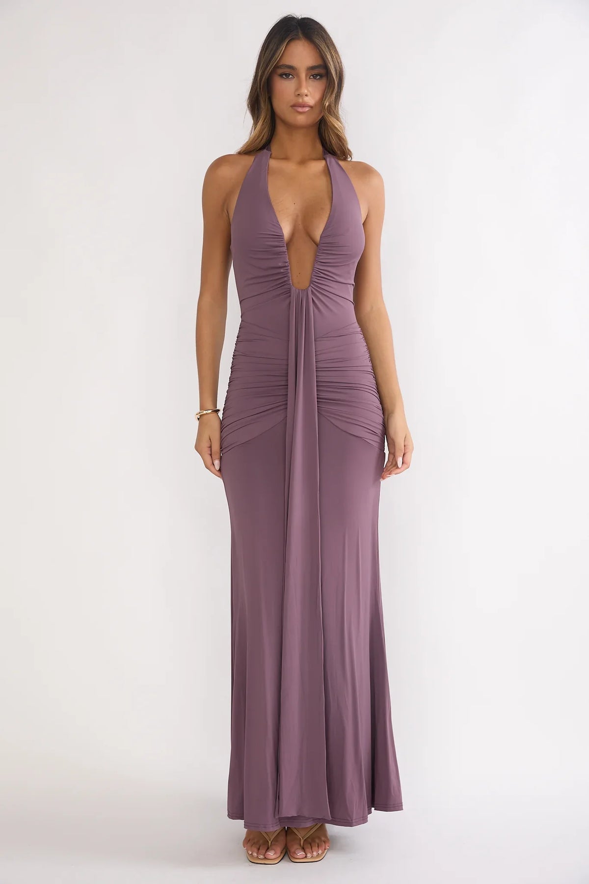 Brienna Halter Ruched Maxi Dress Mauve