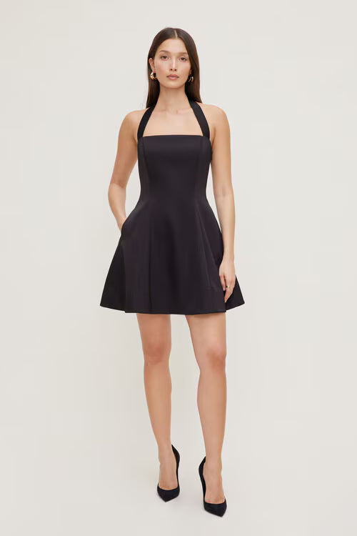 Amaya Satin Halter Mini Dress-Black