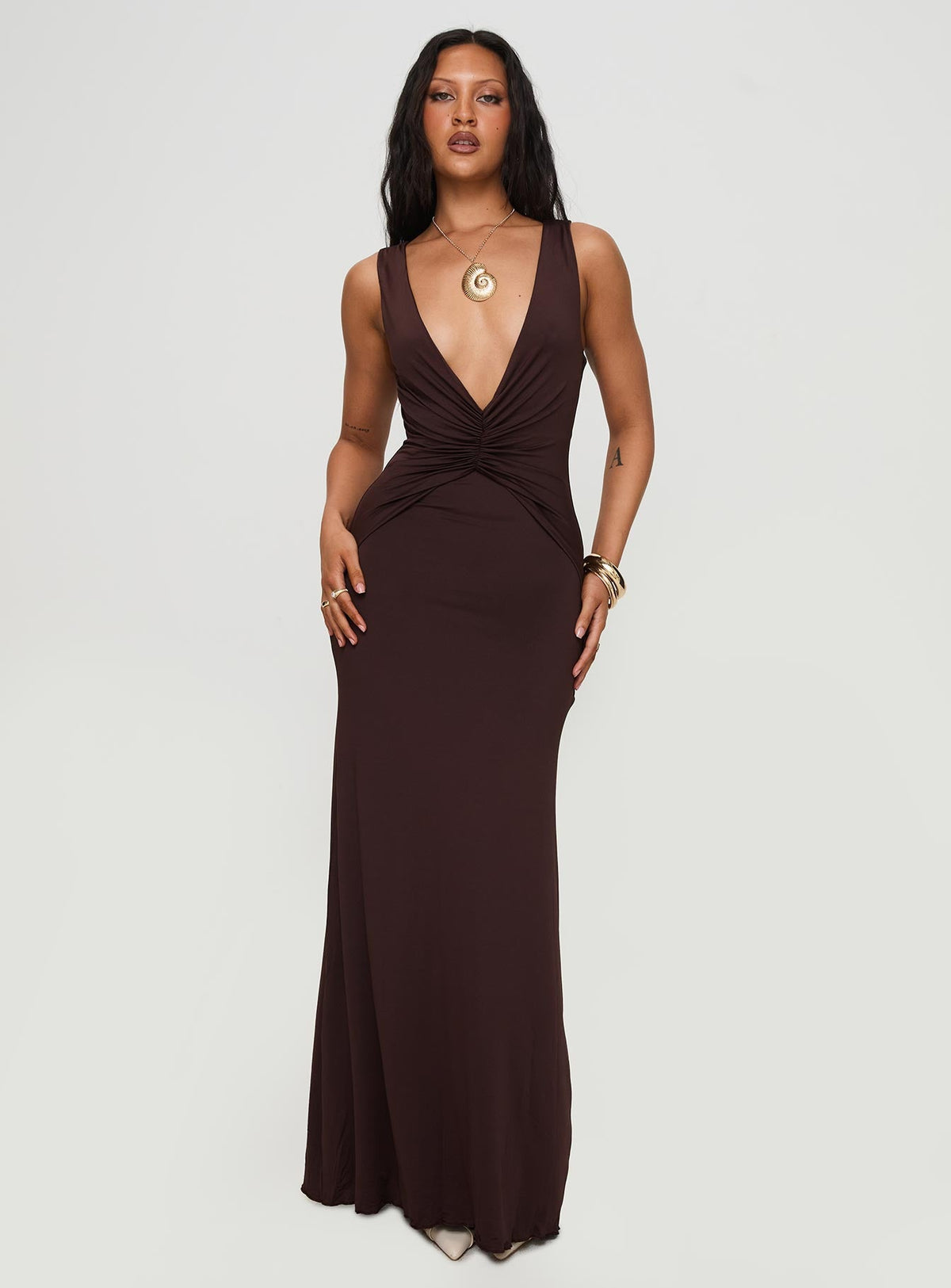 Frederica Plunge Maxi Dress Chocolate