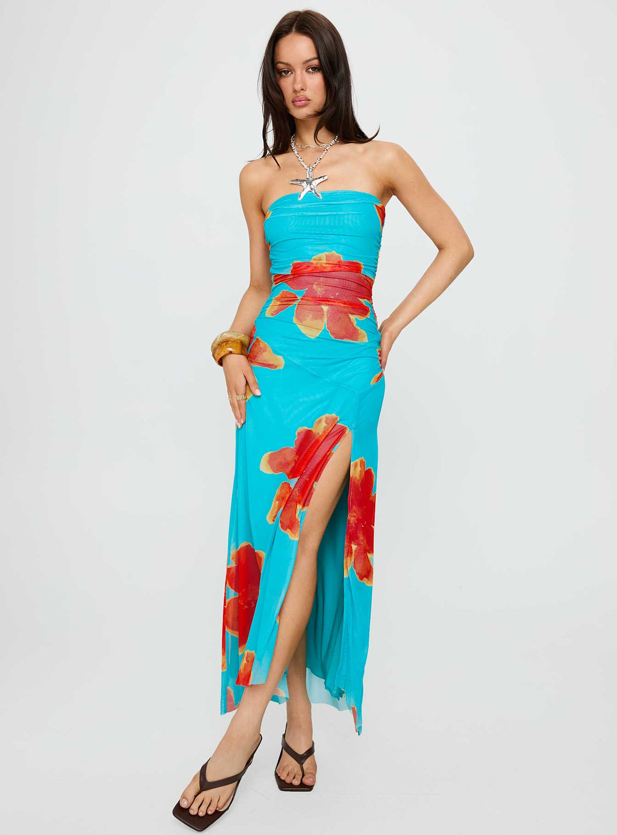 Katara Strapless Maxi Dress Blue / Orange Floral