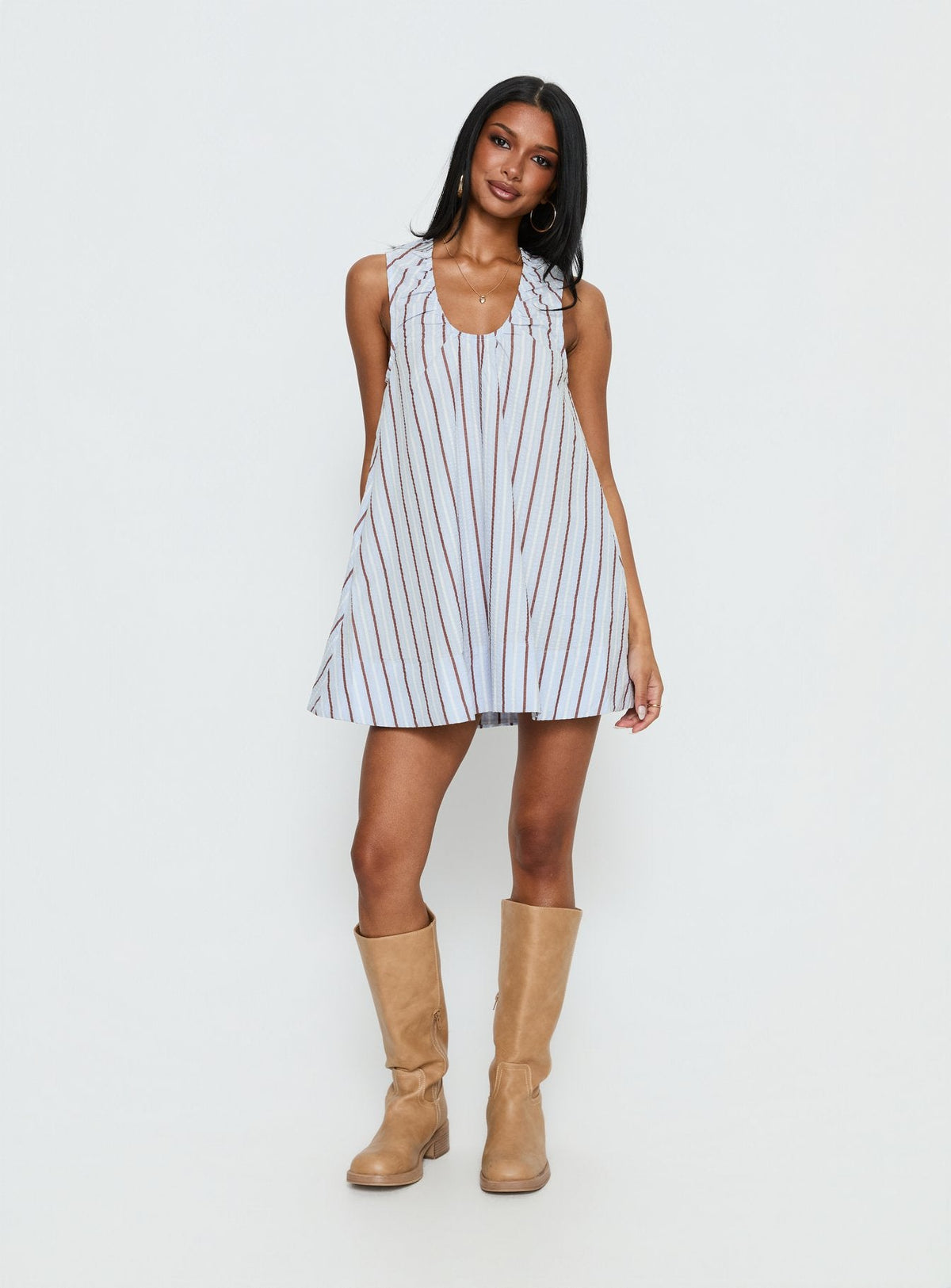 Eberta Ruched Baby Doll Mini Dress Blue Stripe