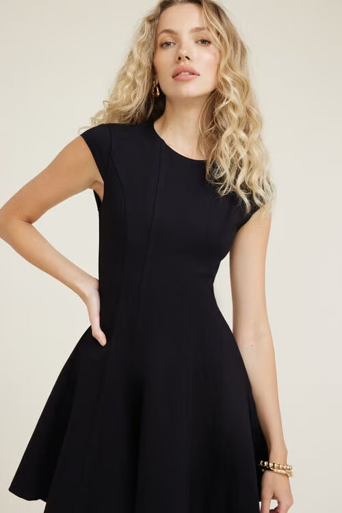 Godet Ponte Mini Dress-Jet Black
