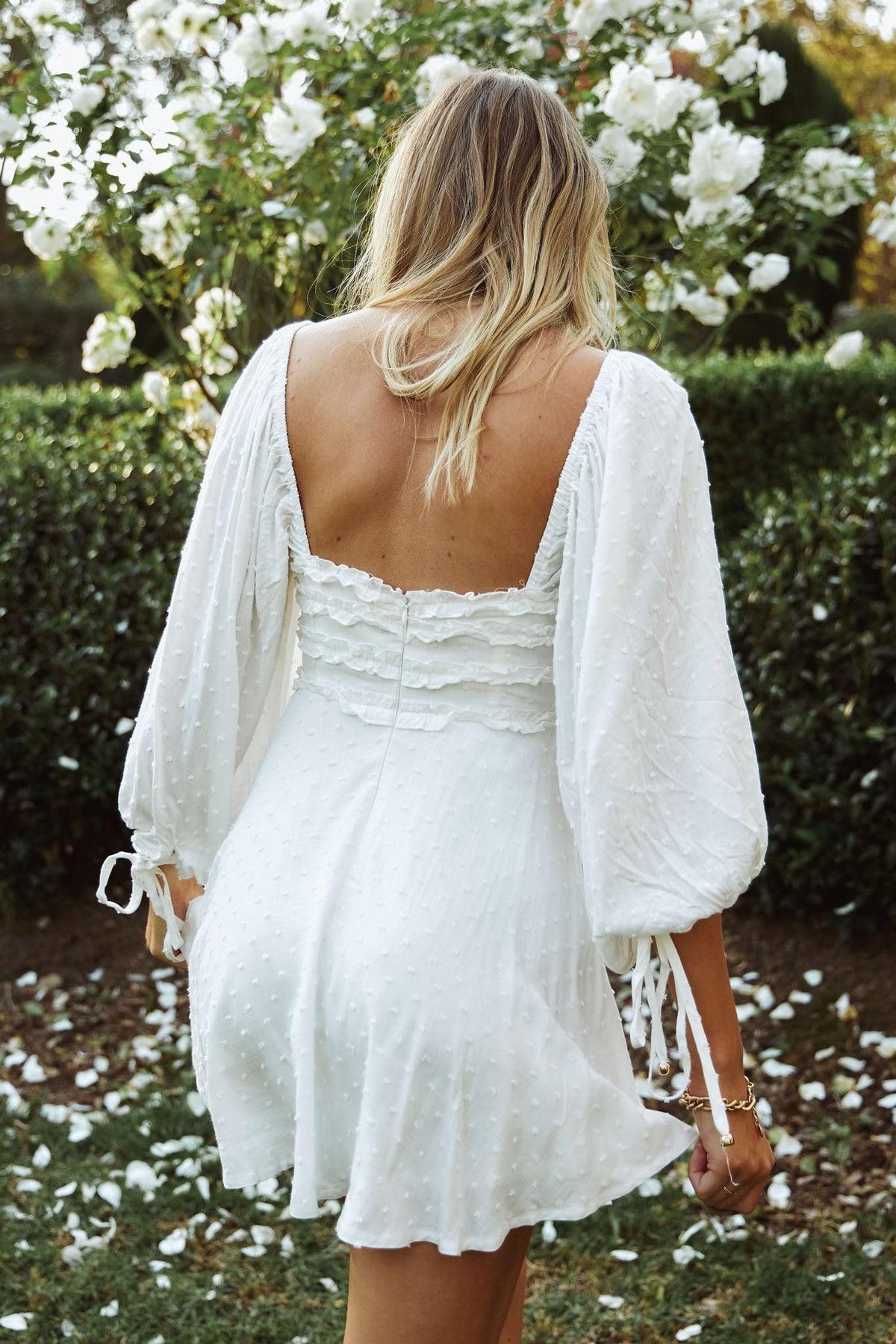 Illia Three-Quarter Balloon Sleeve Frill Bodice Dress White