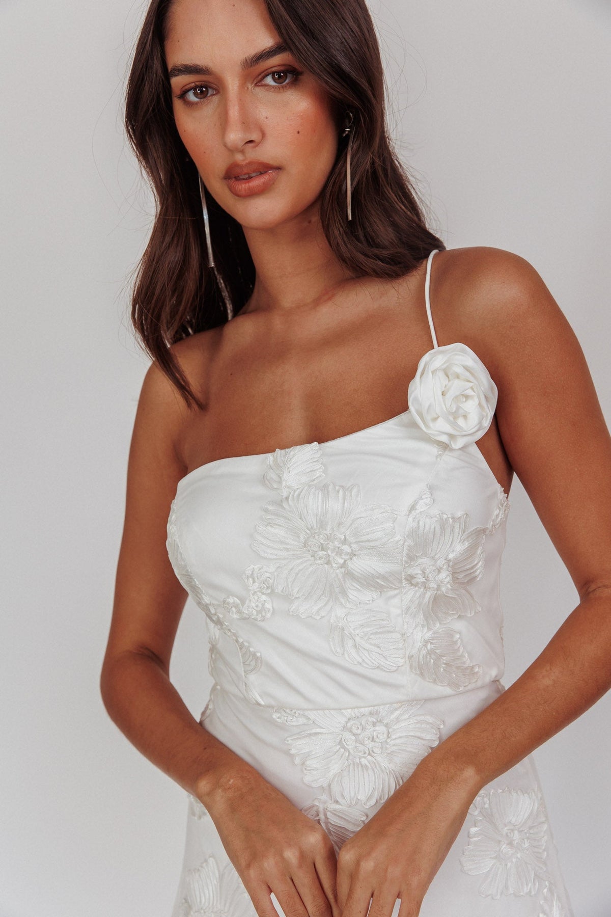 Lilah One-Shoulder Embellished Rosette Dress White