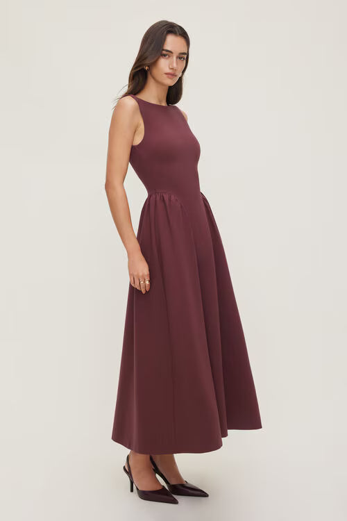 Iris Flared Ponte Maxi Dress-Zinfandel Burgundy