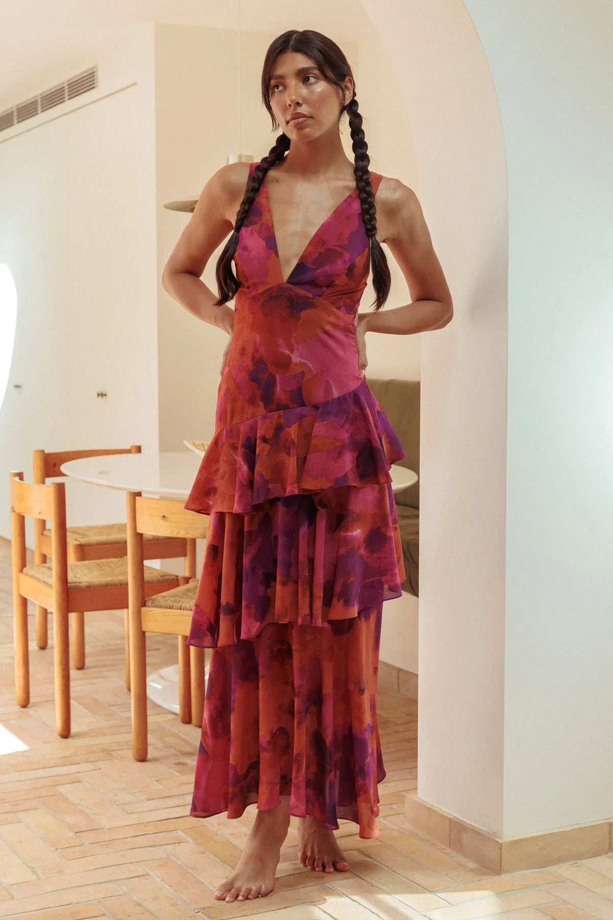 Veda Strappy Back Ruffle Midi Dress Dark Rose