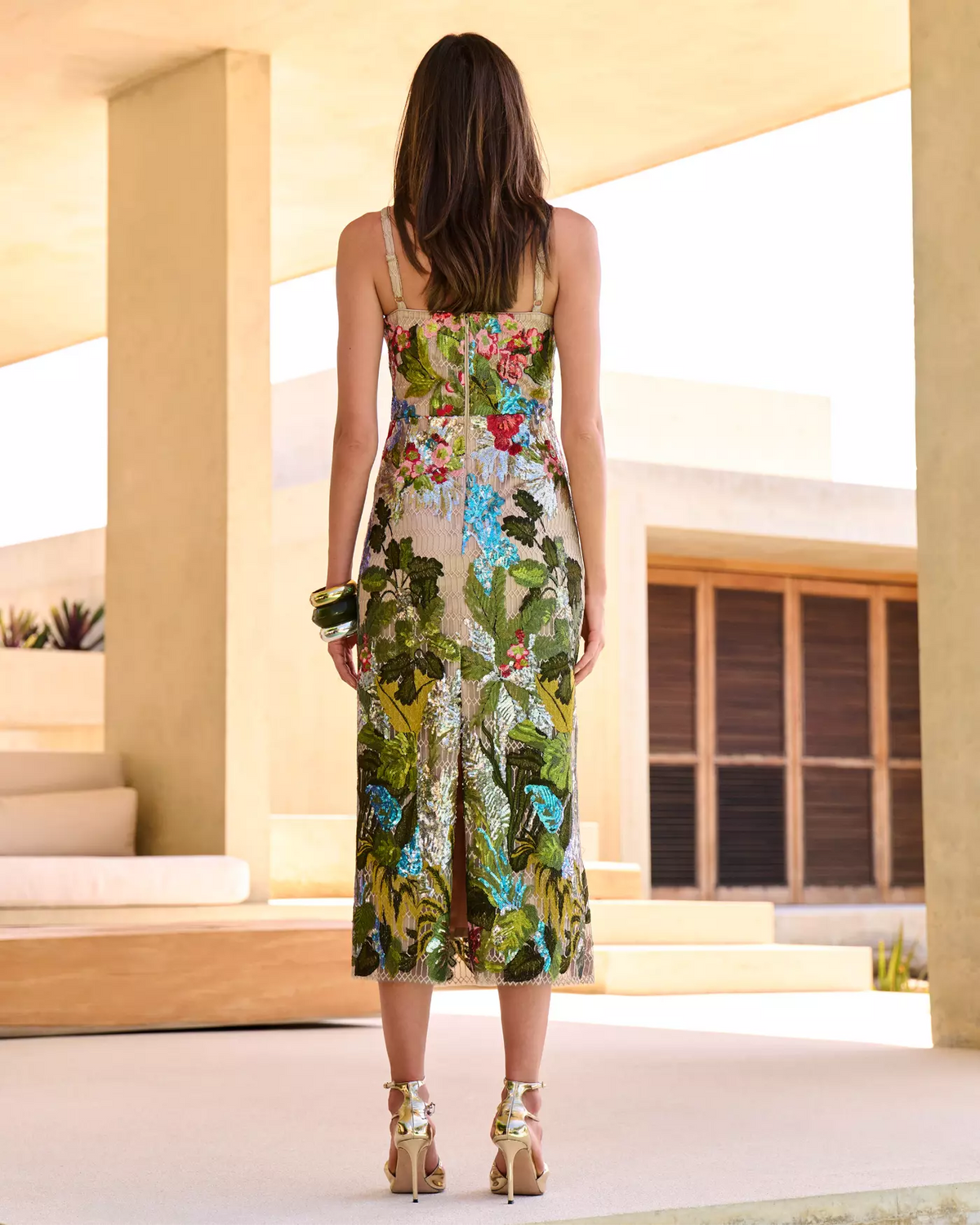 Floral Embroidered Sequin Midi Dress Multi