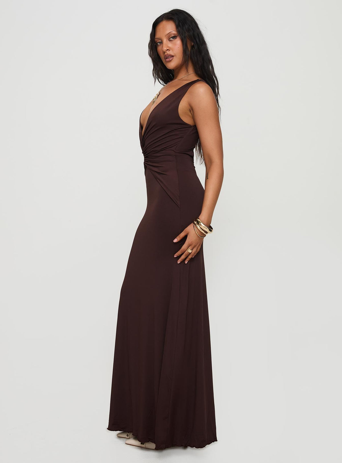 Frederica Plunge Maxi Dress Chocolate