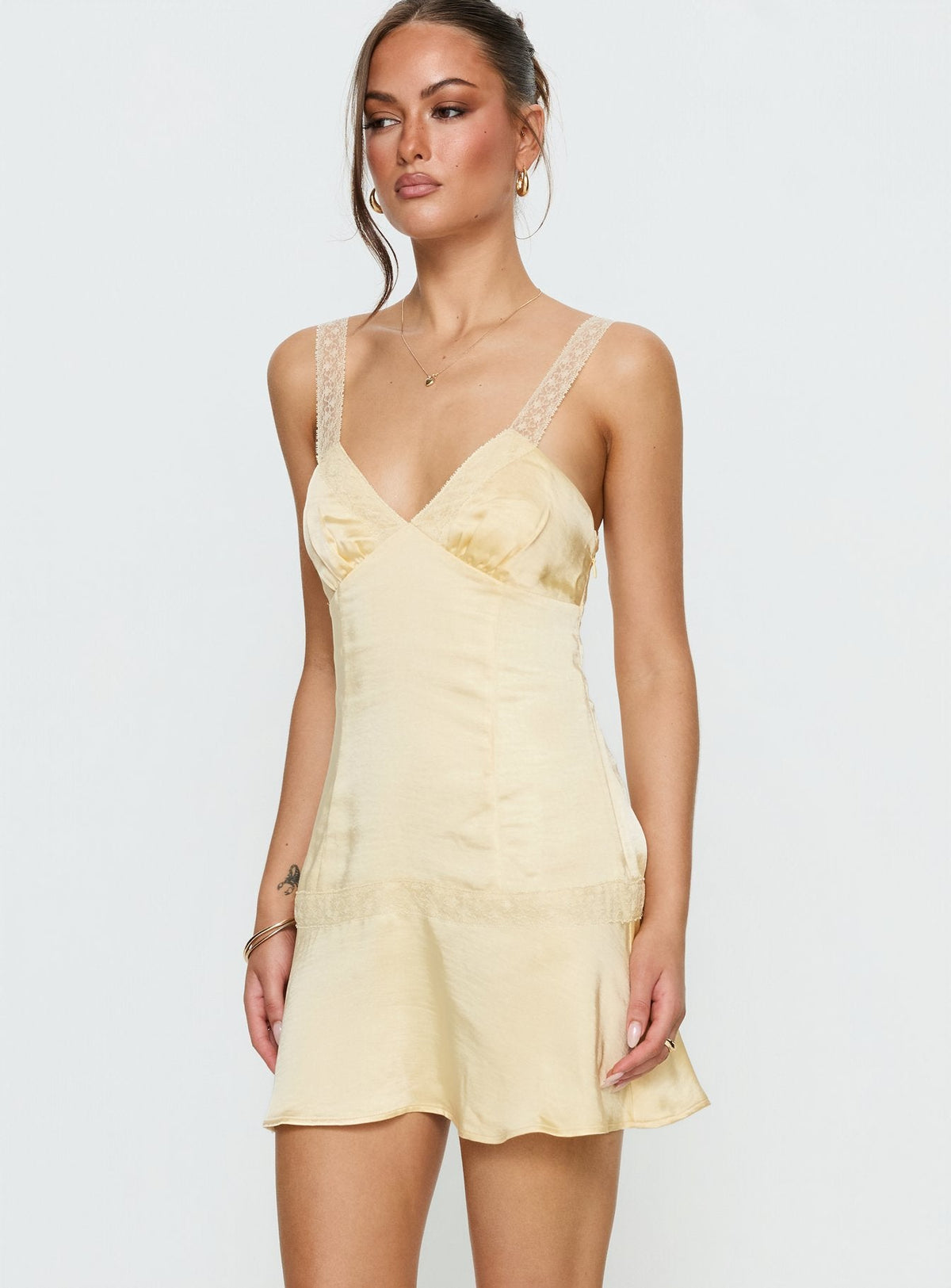Sybelle Lace Drop Waist Mini Dress Yellow