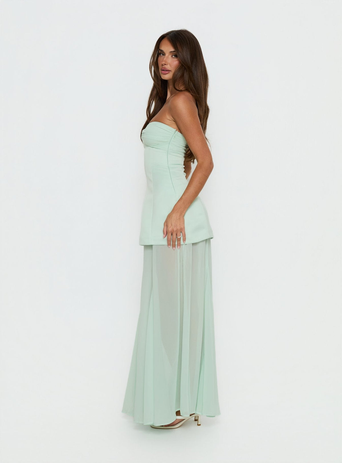Flashy Sheer Chiffon Strapless Maxi Dress Green