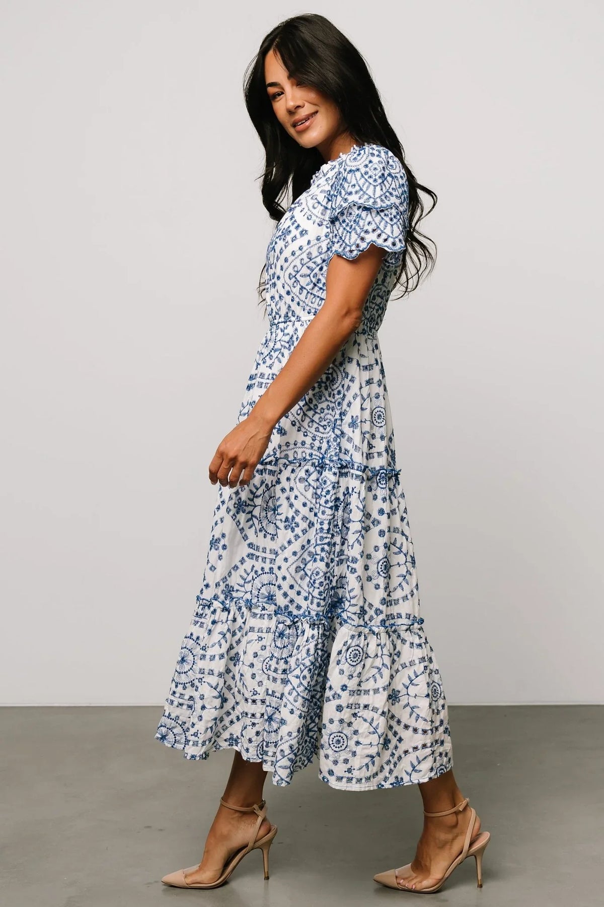 Mirabel Eyelet Midi Dress | White + Blue