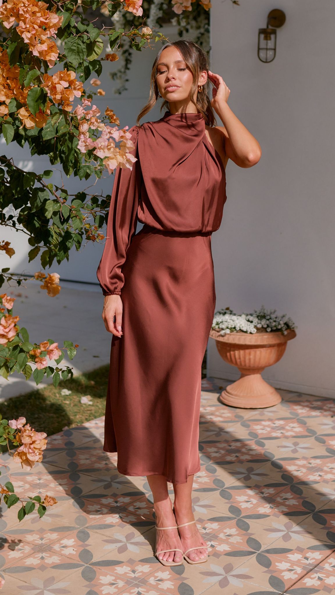 Esther One Shoulder Long Sleeve Dress - Brown