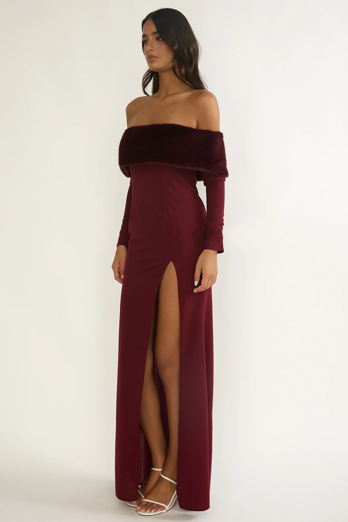 Noella Off-Shoulder Fur Trim Maxi Dress Wine