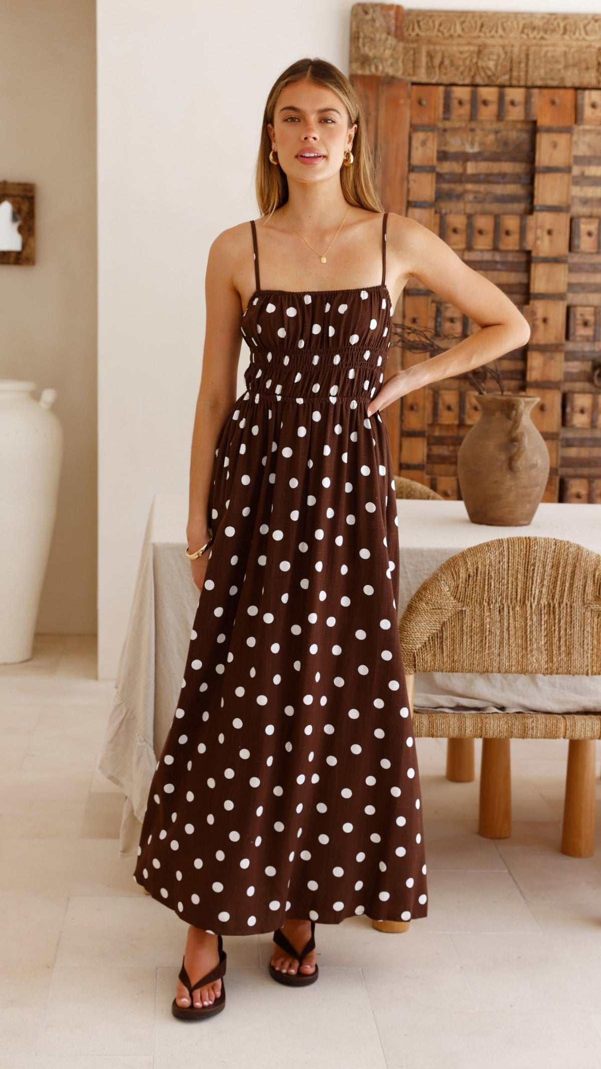 Solare Maxi Dress - Brown/White Polka
