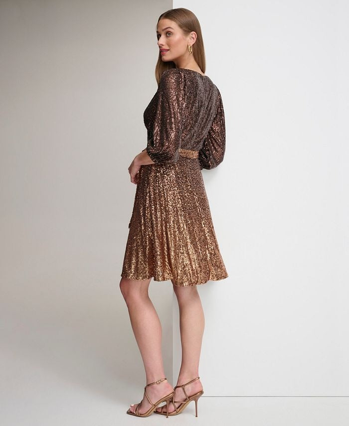 DKNY Women's Long Sleeve Ombre Faux Wrap Sequin Dress