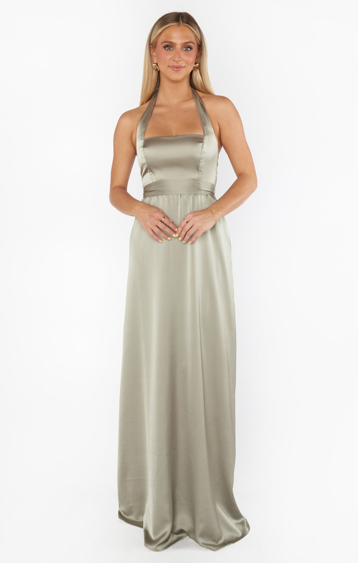 Hazel Halter Maxi Dress ~ Moss Green Luxe Satin