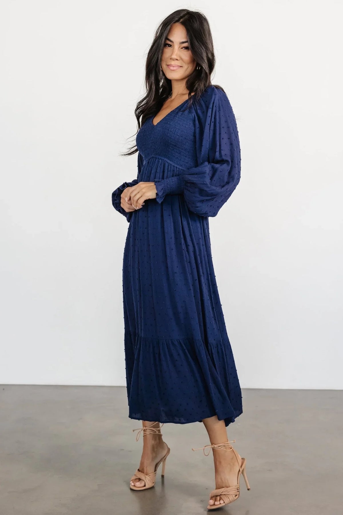 Lainey Smocked Dotted Midi Dress | Midnight Blue
