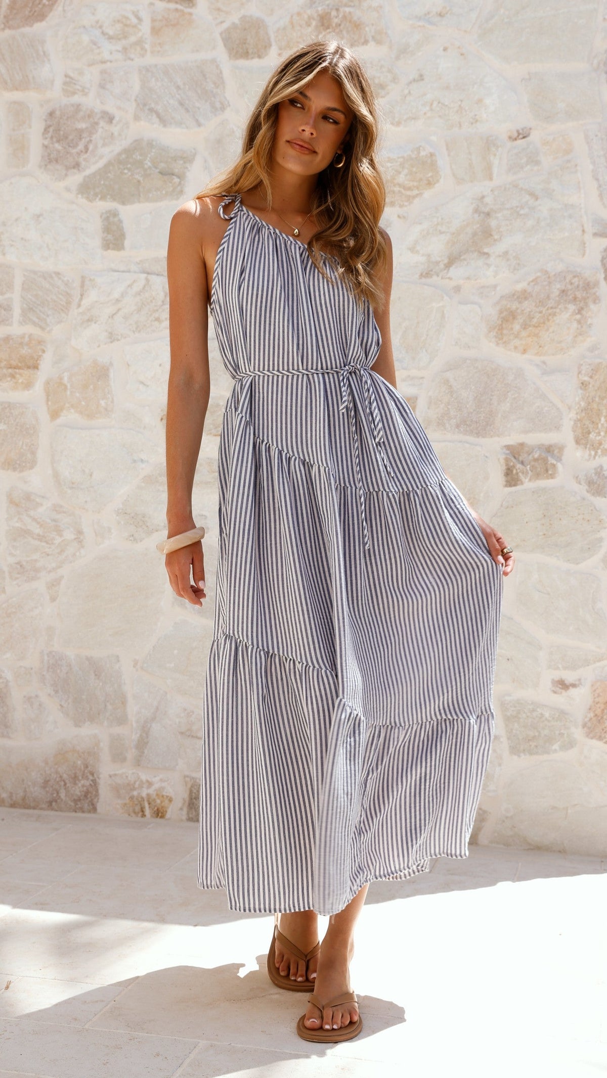 Wendy One Shoulder Maxi Dress - Blue / White Stripe