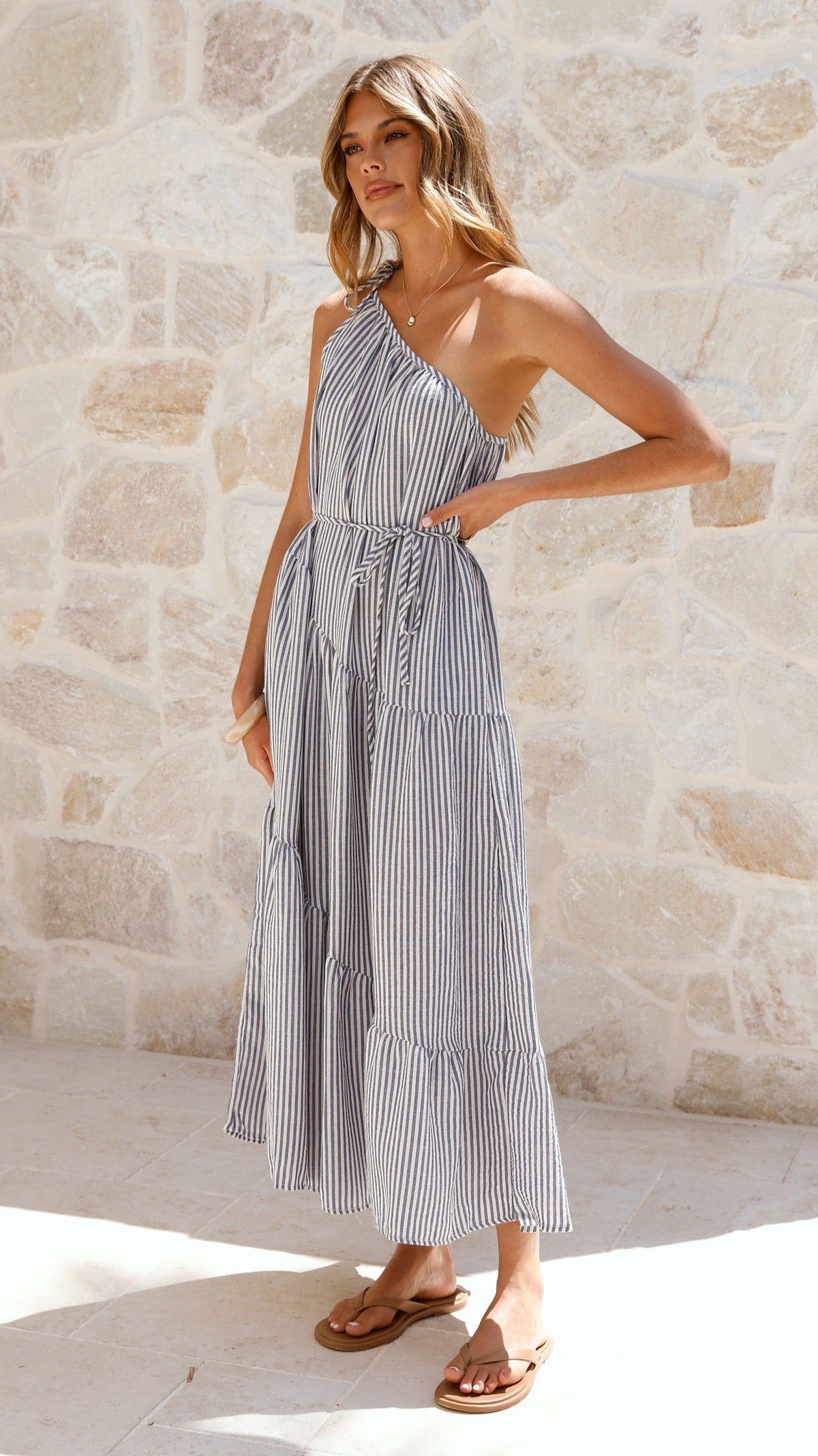 Wendy One Shoulder Maxi Dress - Blue / White Stripe