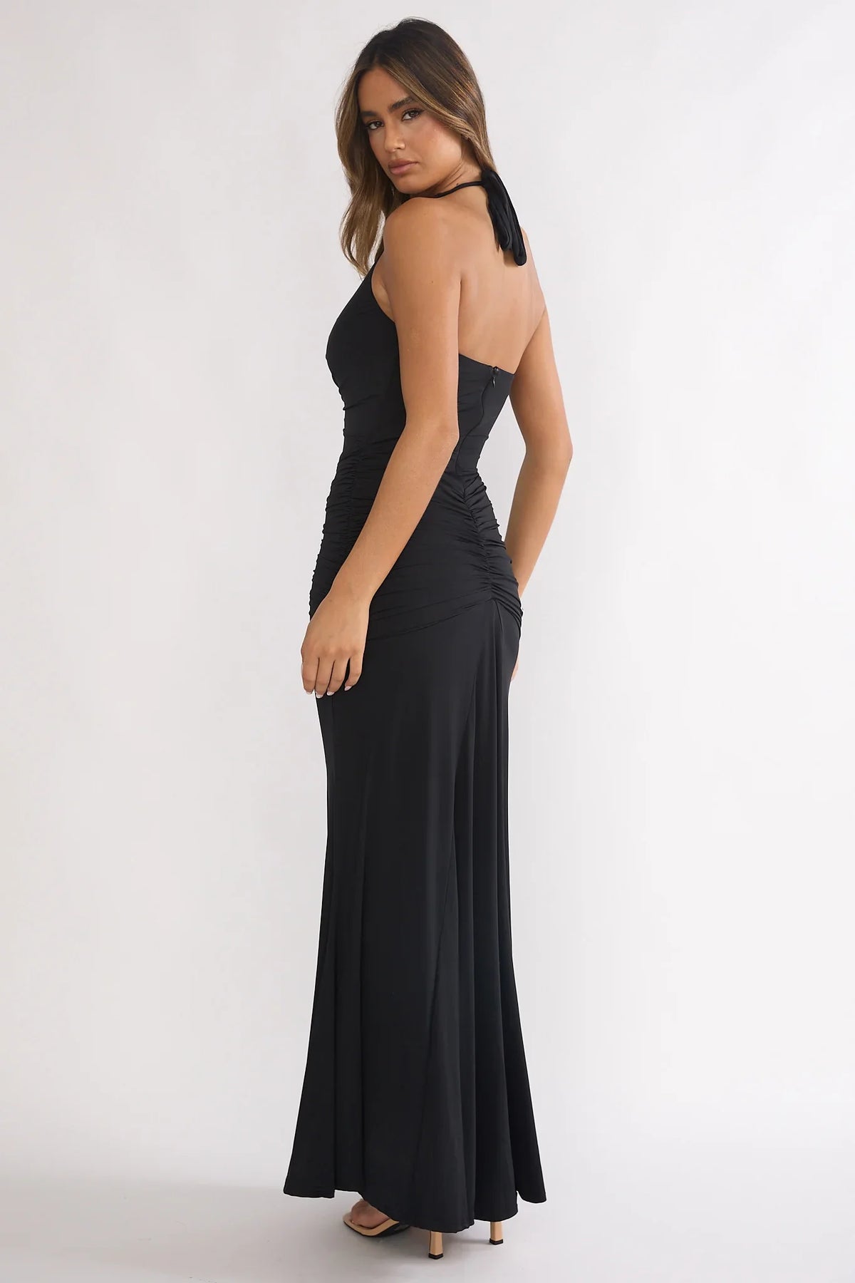Brienna Halter Ruched Maxi Dress Black