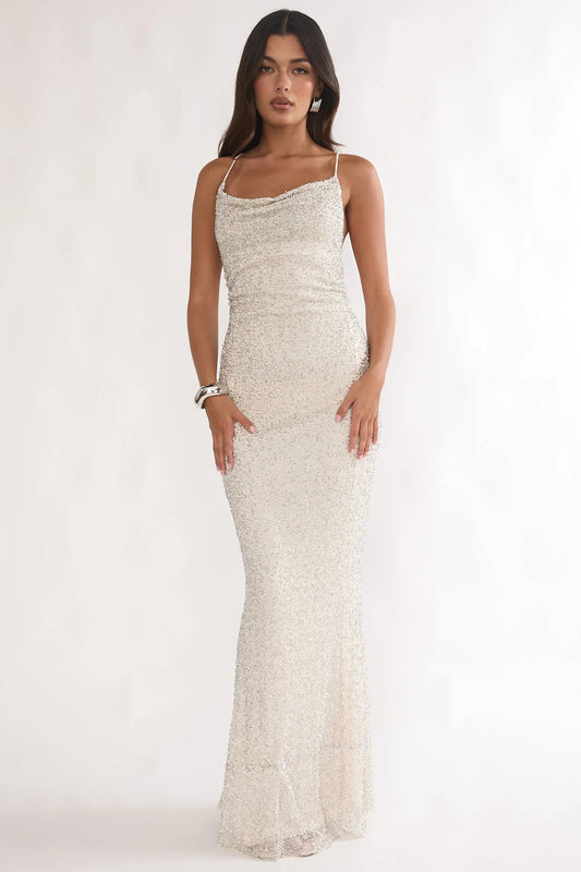 Emillia Strappy Open Back Maxi Dress Sequin Ivory