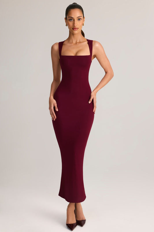 Modal Square-Neck Bodycon Midi Dress in Wine