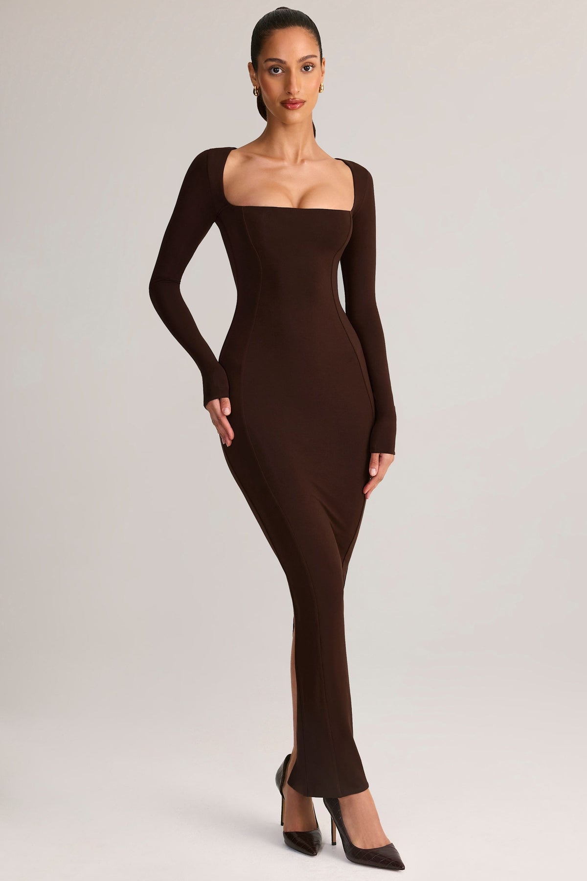 Modal Square-Neck Bodycon Maxi Dress in Chocolate Brown