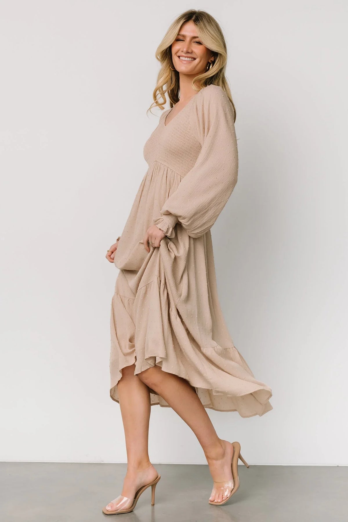 Lainey Smocked Dotted Midi Dress | Beige
