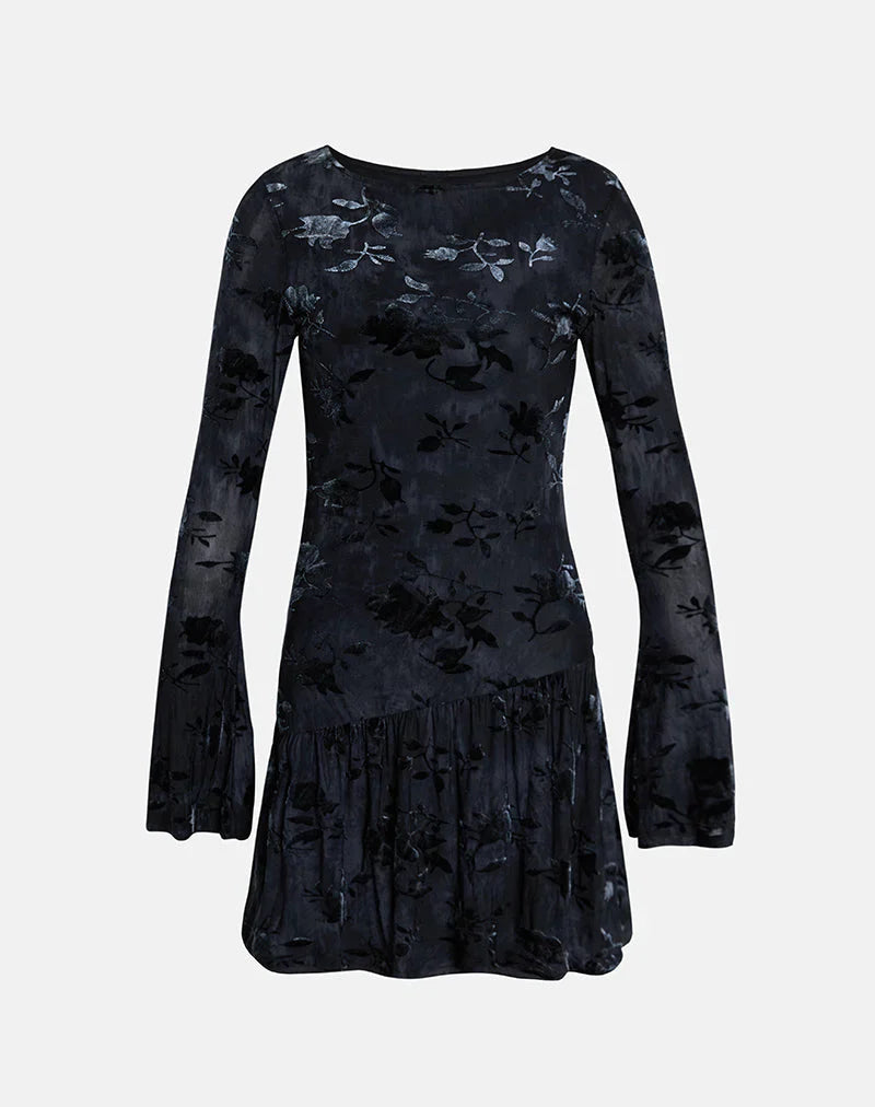Anyeli Mini Dress in Leaf Velvet Dark Blue
