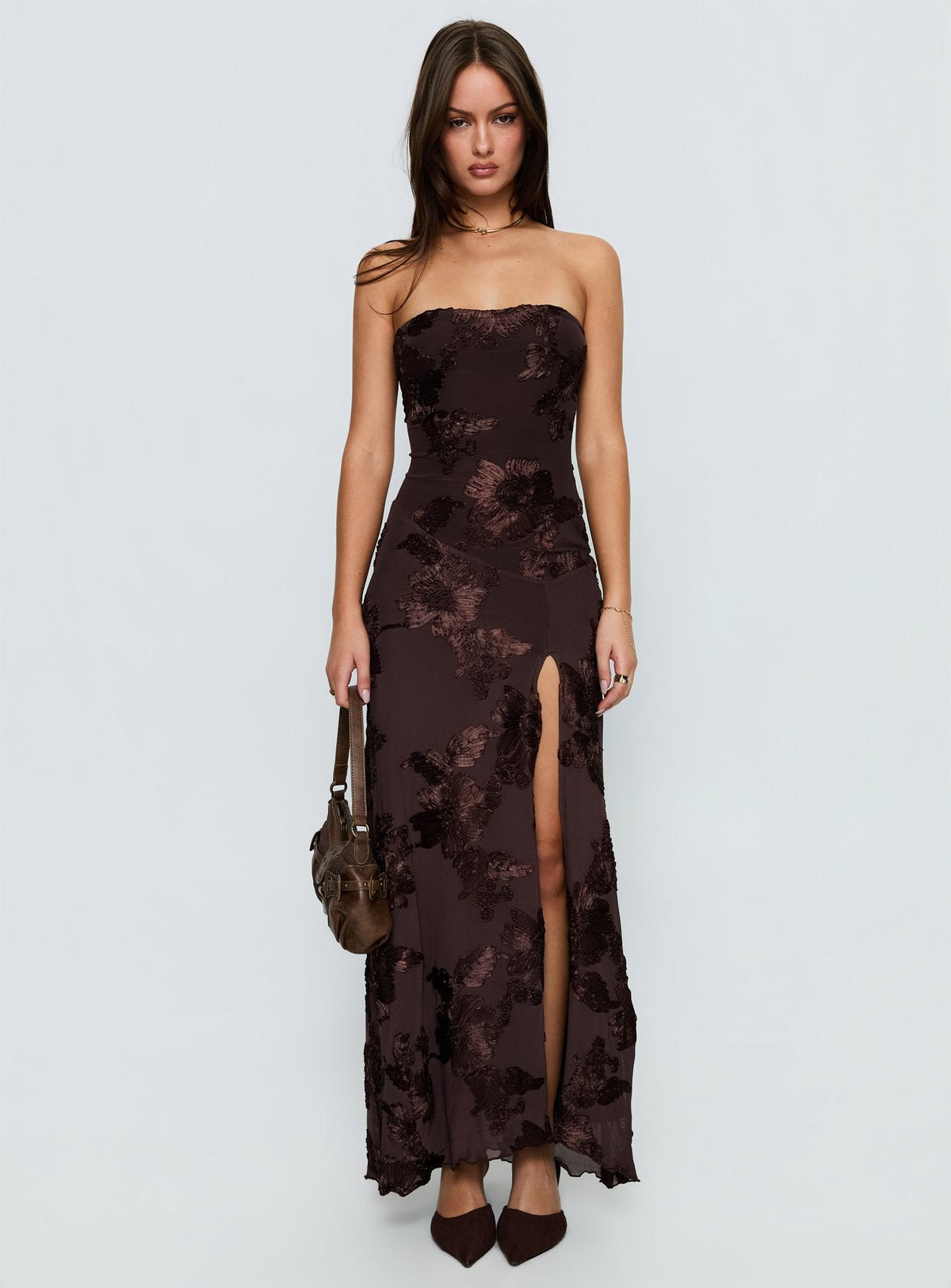 Maribeth Strapless Floral Maxi Dress Chocolate Brown