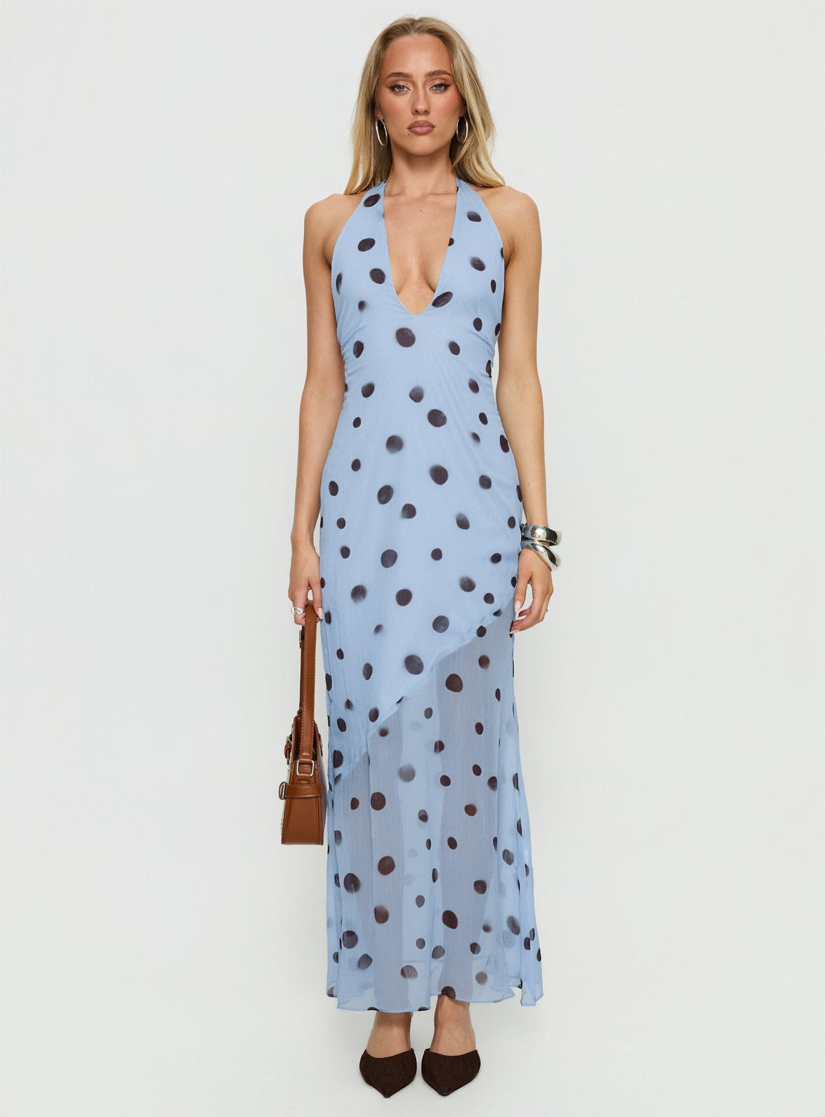 Oralee Halter Sheer Maxi Dress Blue / Polka Dot