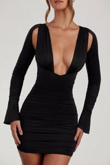 Low Plunge Ruched Mini Dress in Black
