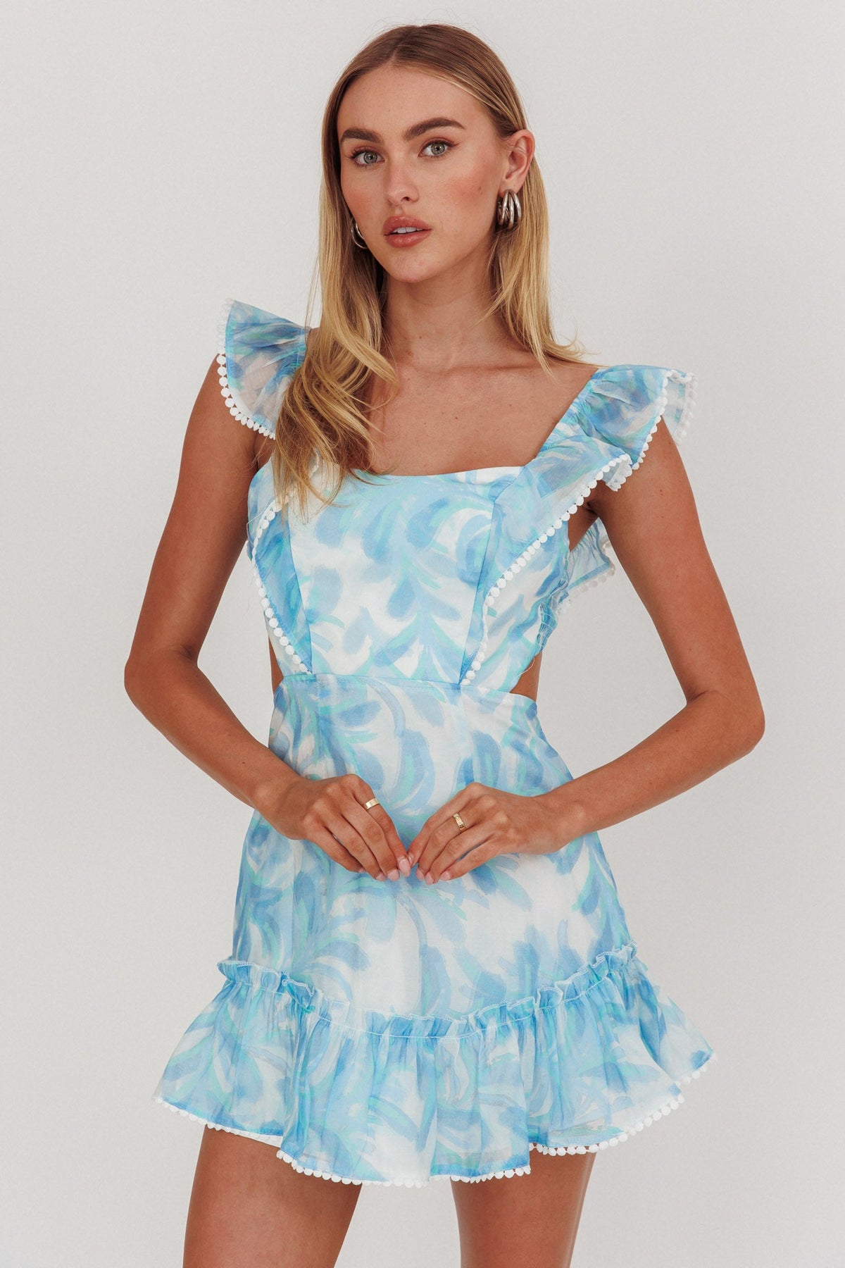 Porcia Tied Back Frill Dress Leaves Blues