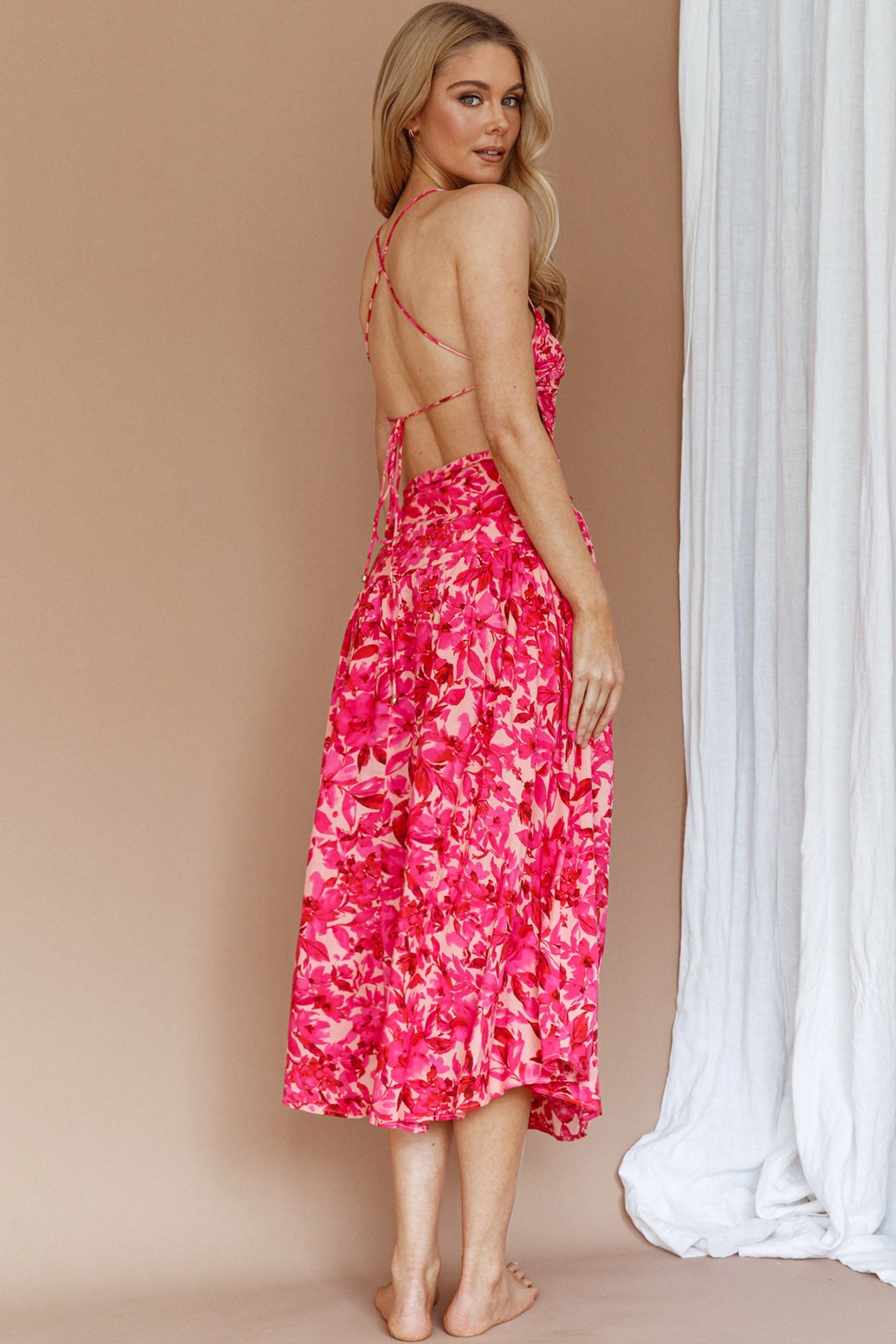 Destination Open Back Midi Dress Floral Pink