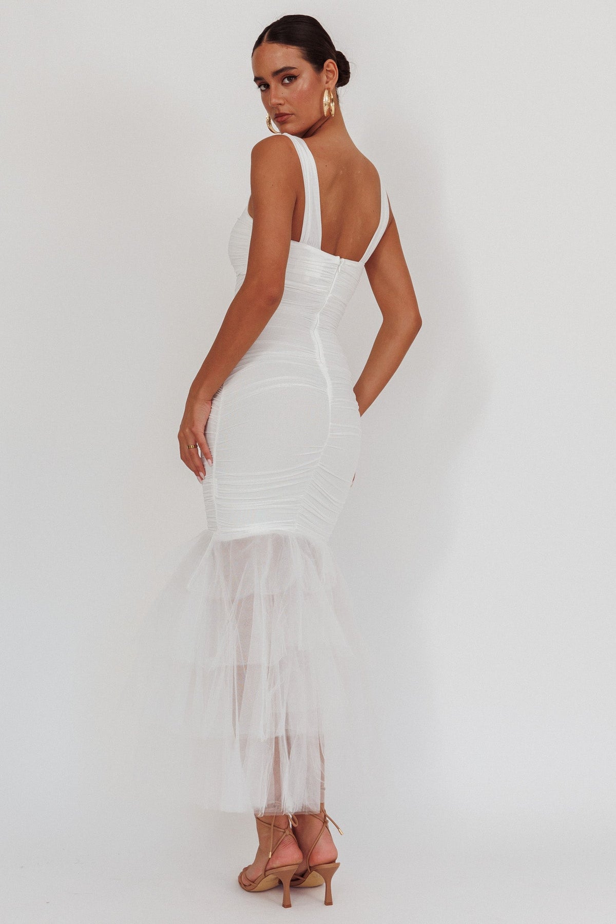 Nadia Tulle Hem Ruched Maxi Dress White