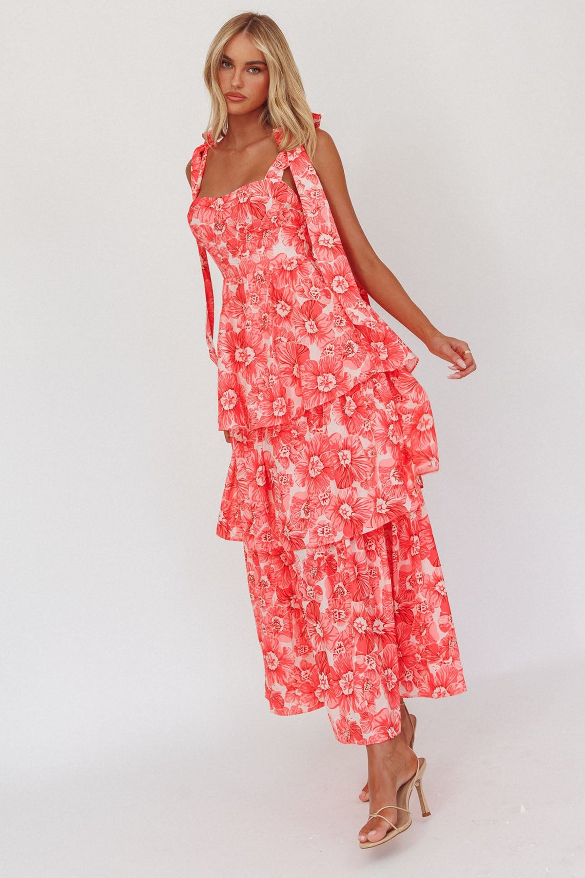 Arlowe Tied Shoulder Tiered Midi Dress Floral Pink