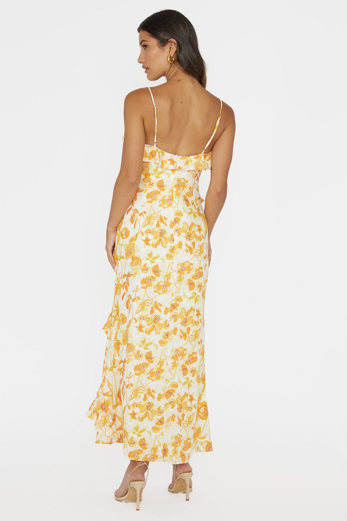 Silvana Frill Trim Midi Dress Floral Orange