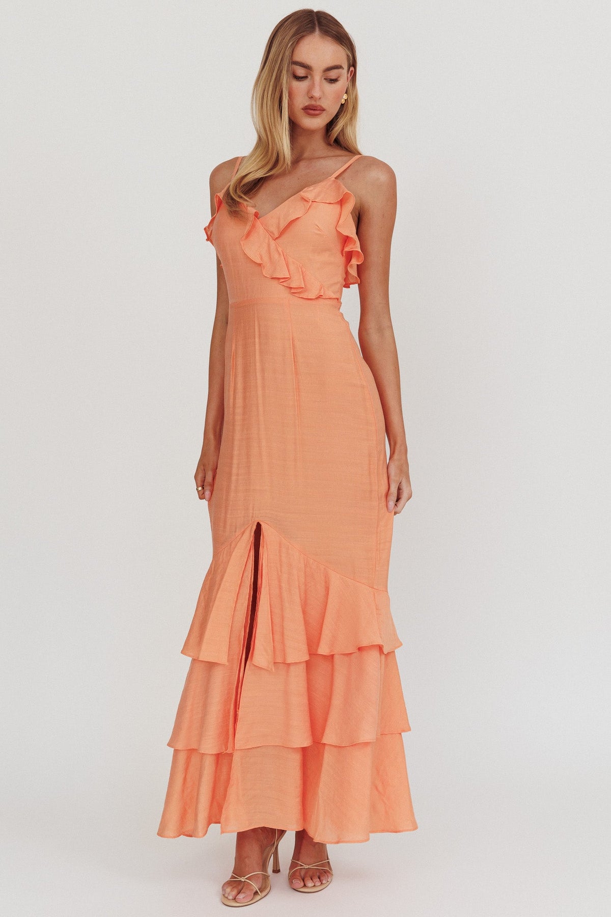 Silvana Frill Trim Split Maxi Dress Orange