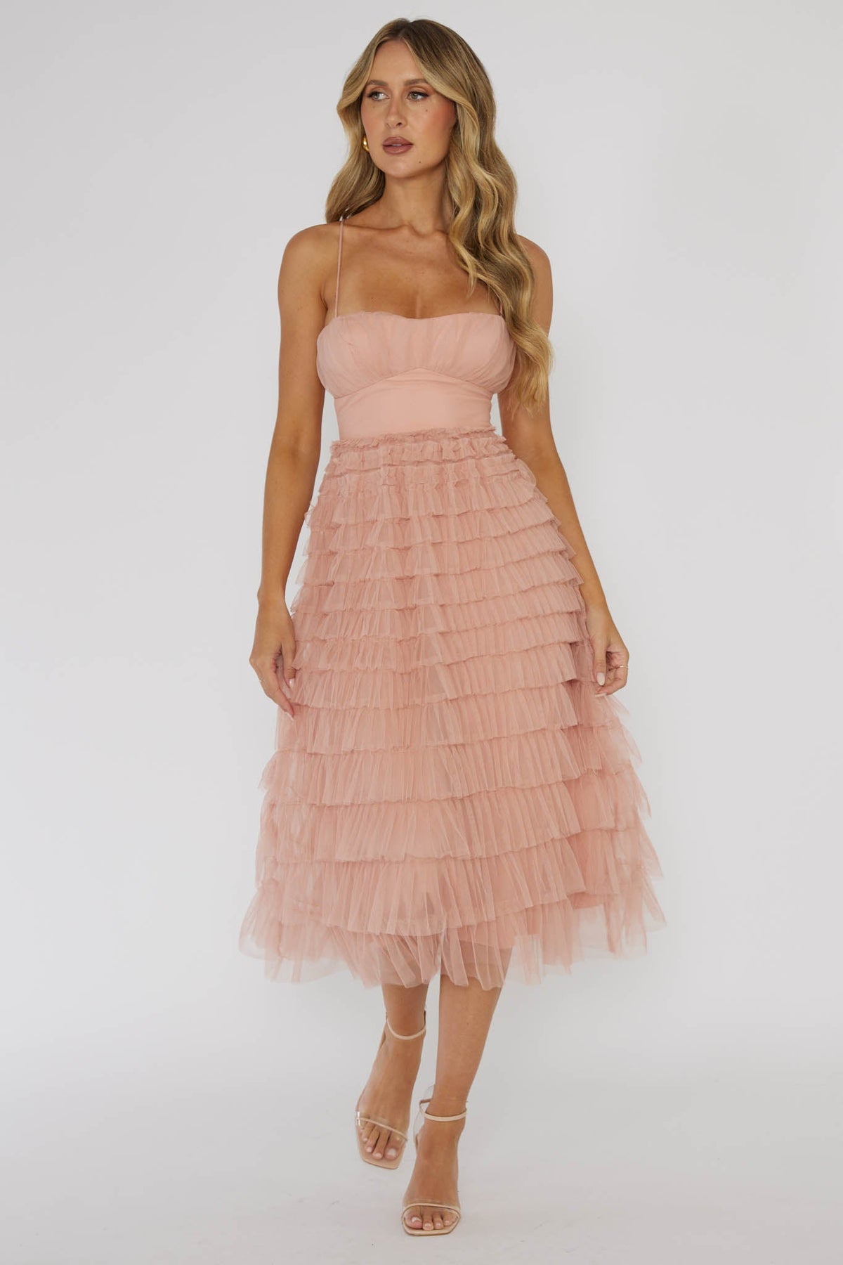 Garden Party Tiered Frill Midi Dress Blush